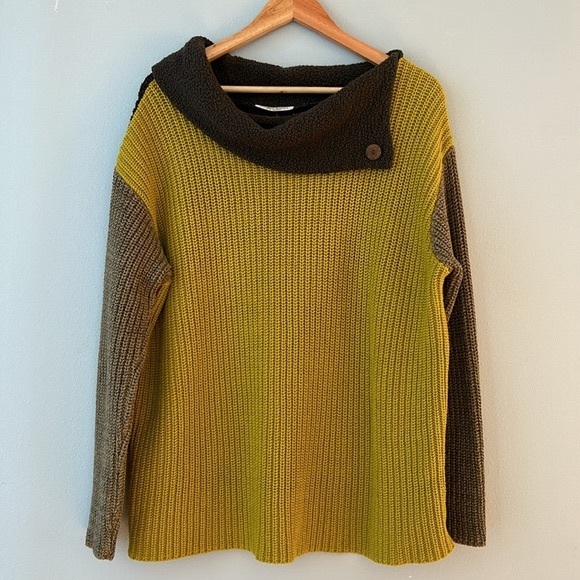 Margaret Winters • Chartreuse Plum Colorblock Cowl Neck Knit
